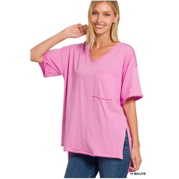 Zenana Solid Raw Edge Side Slit Loose Fit Cotton Tee - Picture 2 of 5